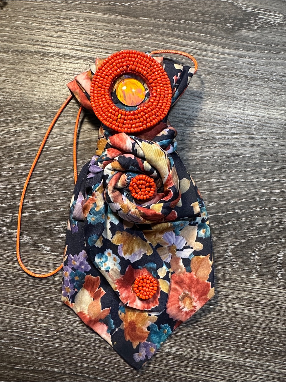 Handcrafted Orange Floral Beaded Necklace Tie